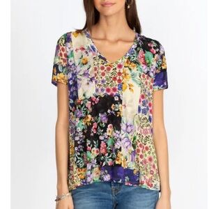Johnny Was Sky Flower Floral Patchwork Short Sleeve Tee. Small
